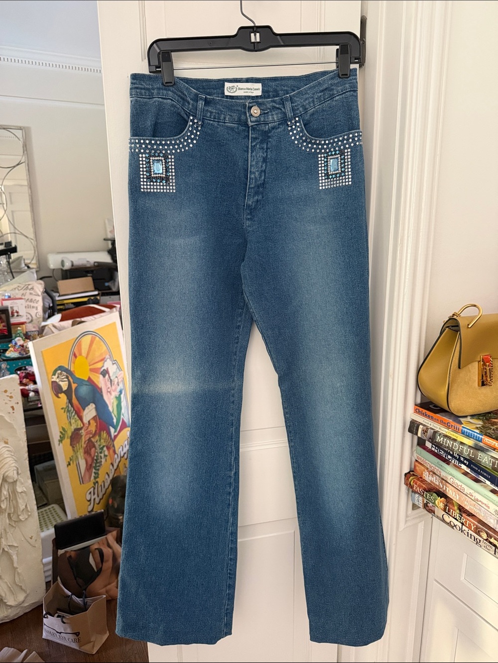 Vintage Bianca Maria Caselli Blue Flare Jeans with Rhinestone Pocket Detai